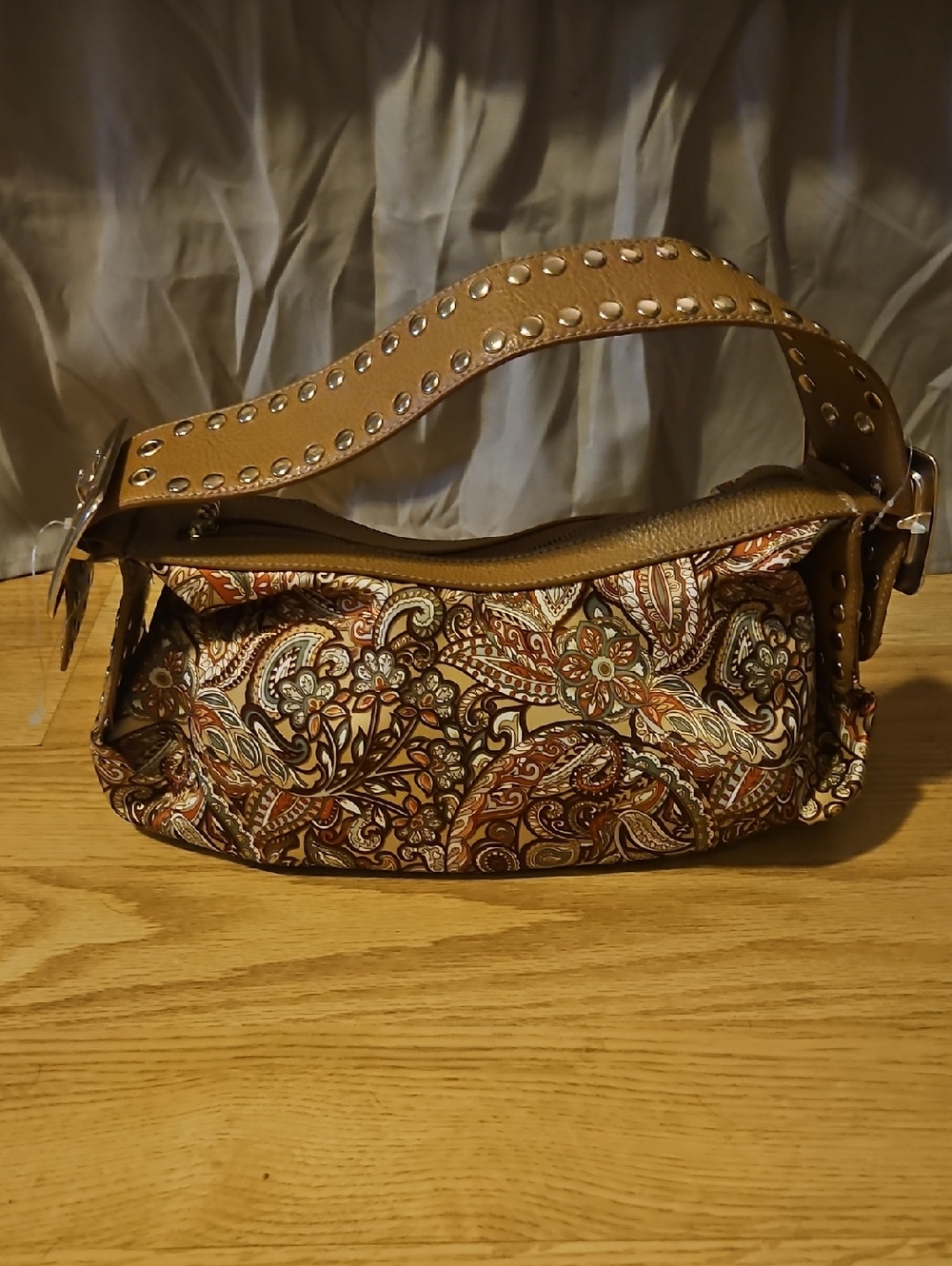 Kathy Van Zeeland Brown Paisley Shoulder Bag with Studded Strap